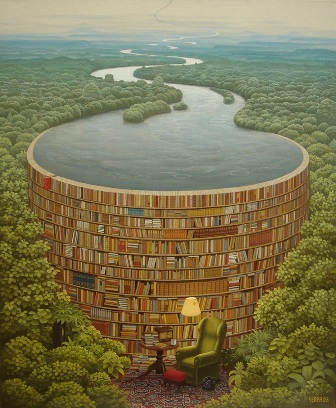 This image shows the Jacek Yerka painting 'Bible Dam'. In it a large dam made of bookshelves stores a lake of water. It is surrounded by trees and bushes. In front of the dam sits a chair, table and lamp.