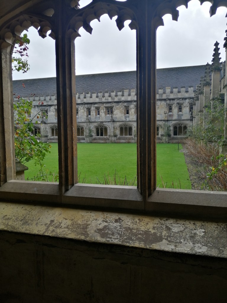 Photo through arched window at Magdalen College, Oxford