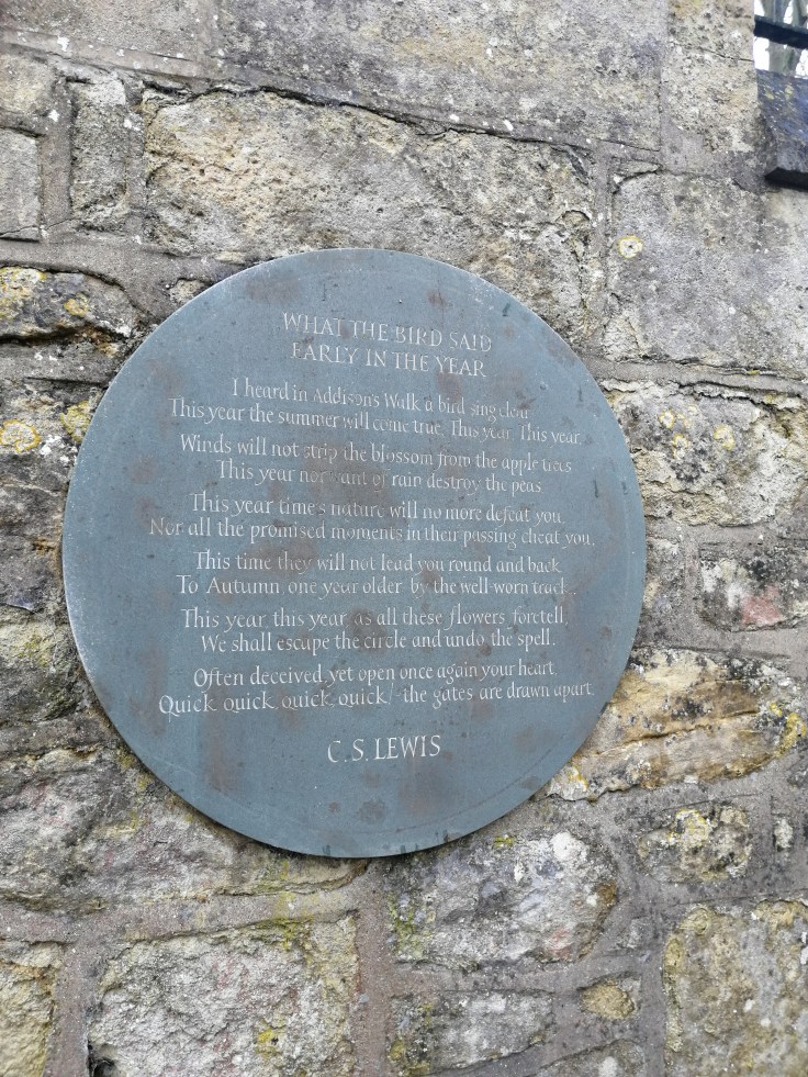 Plaque at Magdalen College, Oxford that reads:

What the Bird Said Early in the Year

I heard in Addison’s Walk a bird sing clear
This year the summer will come true. This year. This year.

Winds will not strip the blossom from the apple trees
This year nor want of rain destroy the peas

This year time’s nature will no more defeat you
Nor all the promised moments in their passing cheat you.

This time they will not lead you round and back
To Autumn one year older by the well worn track.

This year, this year, as all these flowers foretell,
We shall escape the circle and undo the spell.

Often deceived, yet open once again your heart.
Quick quick, quick, quick – the gates are drawn apart.

C.S. Lewis